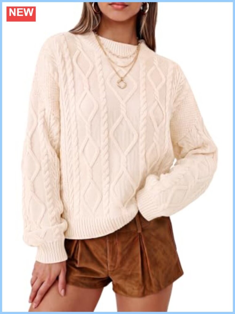 Oversized Cropped Cable Knit Cotton Sweater Pullover Crewneck